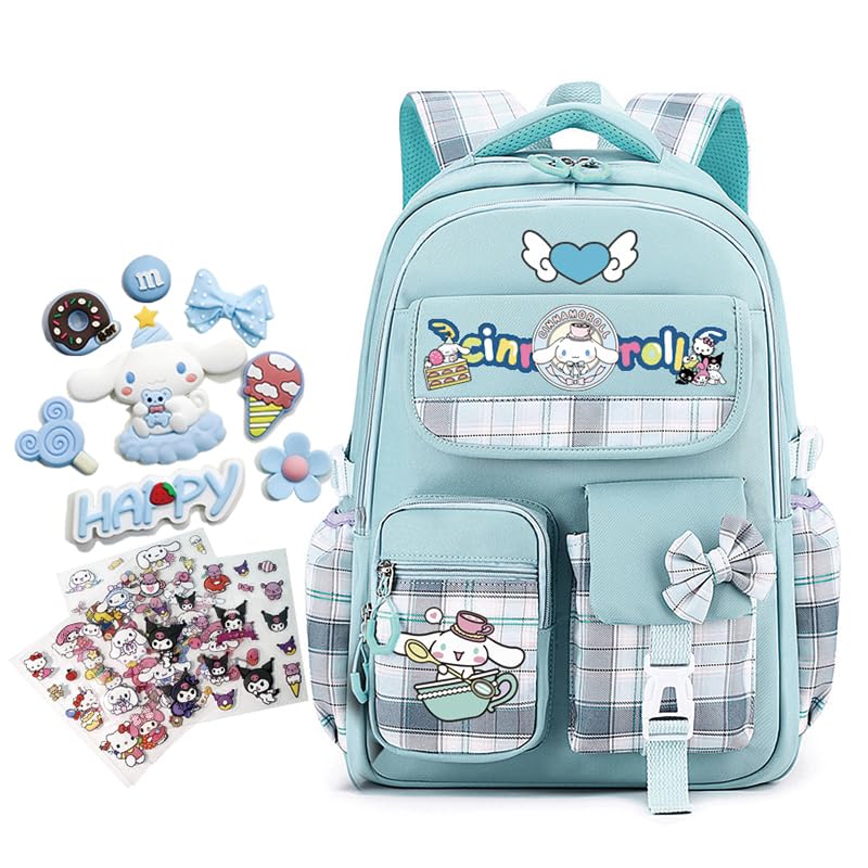 Snfjcmue Fashion Cute Plaid Backpack for Women with Decorative Badges and Stickers