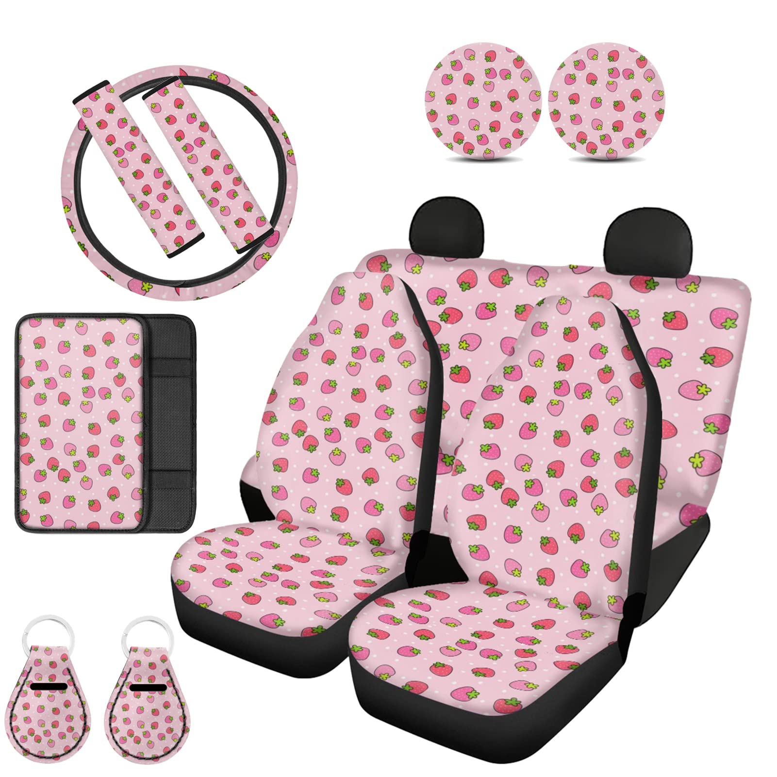 UNICEU Pink Strawberry Car Seat Covers for Cars with Steering Wheel Cover, Seatbelt Pads, Armrest Pad, Coasters, Keyring