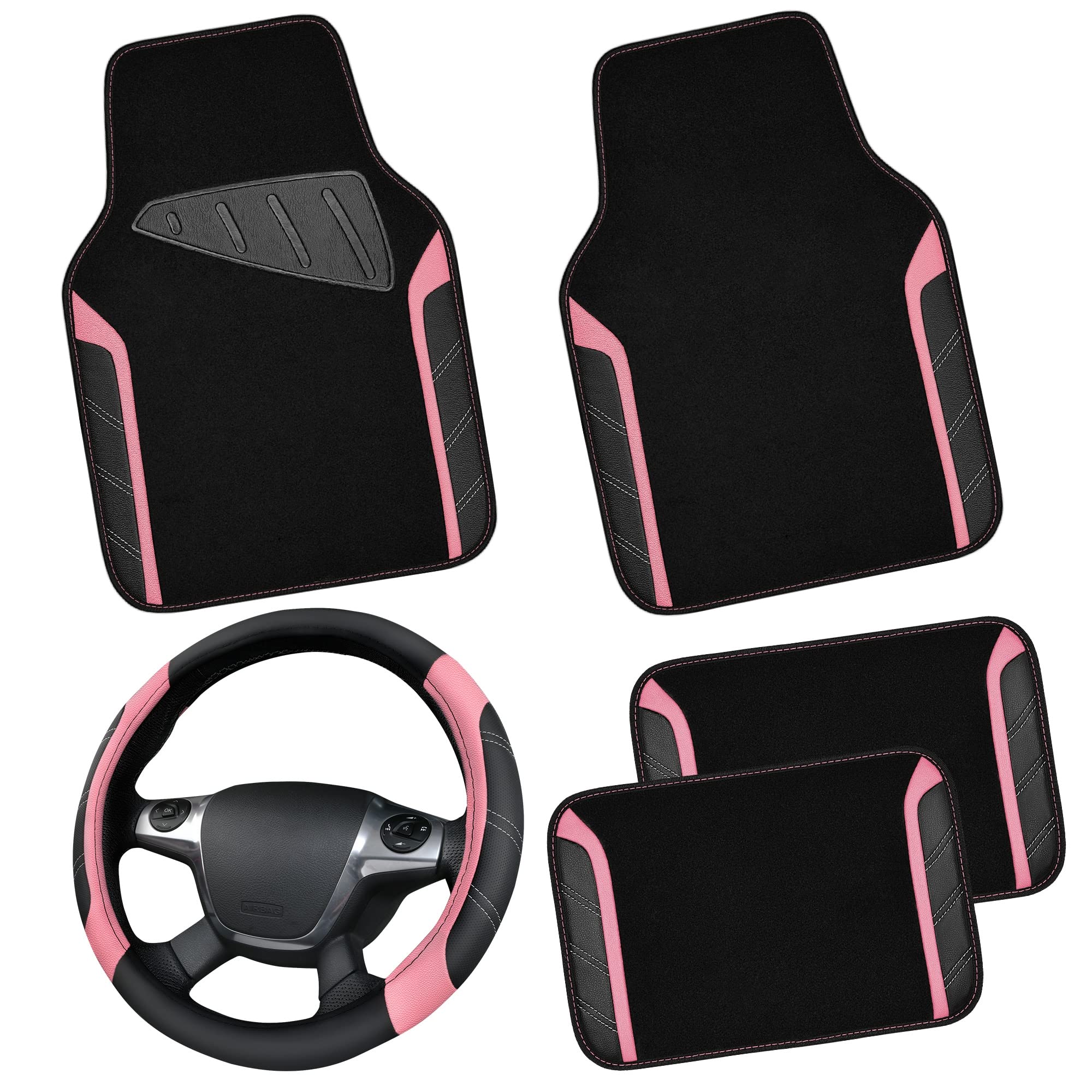 CAR PASS Microfiber Steering Wheel Cover and Waterproof Car Floor Mats Black and Pink Global Recycled Standard  
CAR PAS